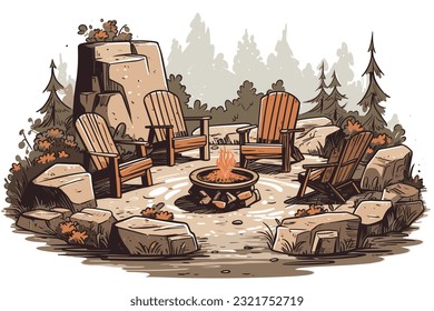 Fire axe on a log backyard fire pit relax vector art illustration on white background.