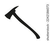 Fire axe vector icon with long ax handle. Black silhouette hatchet on white background.