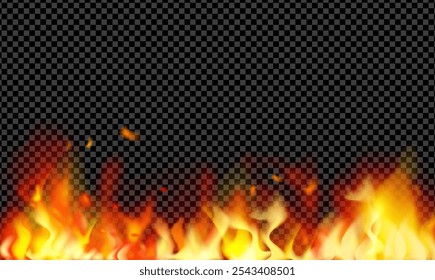 Feuer Hintergrund und Flammen Effekt. Flammenrand, helles Flammenfeuer auf dunklem Hintergrund. Feuer feuerfeste Wand leuchten. Lagerfeuer. Der Kohleeffekt. Partikel.