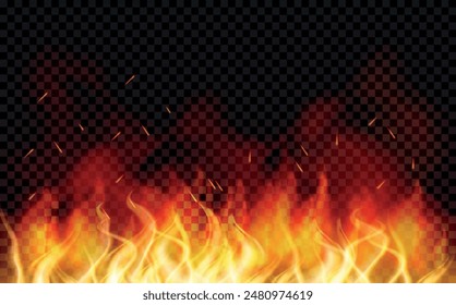 Fire background and flames effect. Sparks are realistic. Isolated. Light. Heat transparent background. Bonfire with wood chips. Glow and clouds. The Coal Effect. Particle. Cinder and embers. Campfire.