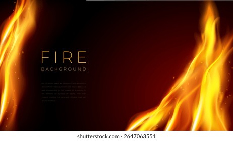 Feuerhintergrund. Goldlichtplakat. Orange, rot, schwarze Bühnentextur. Luxus-Auszeichnung, Effekt Flamme lodern. Energie horizontale Banner für die Macht. Vektorgrafik-Präsentationsvorlage, scharfer Glanz einzeln auf Schwarz