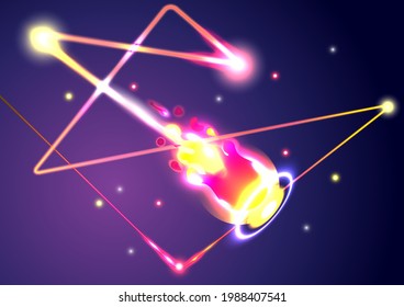 Fire ball with a reflection on screen. Futuristic neon light interface. Abstract background