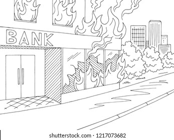 Fire In Bank Exterior Graphic Black White Sketch City Landscape Illustration Vector