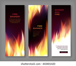 Fire banner. Abstract editable ablaze frame design. Realistic fire flame banner template set vector illustration. Creative media page, flyer with fiery inferno effect. Flammable poster collection
