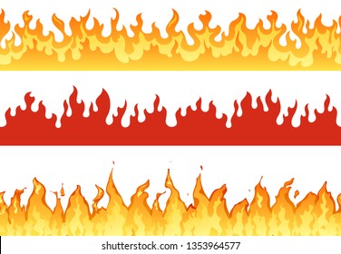 Fire banner. Flame border blazing silhouette or eternal flames. Hell flaming banners, fired fiery burn wildfire or flammable hot ignite borders isolated illustration set