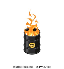 Fogo em um barril. Queimando tambor preto com resíduos tóxicos perigosos em vista isométrica. Ilustração vetorial isolada em um plano de fundo branco em estilo plano.