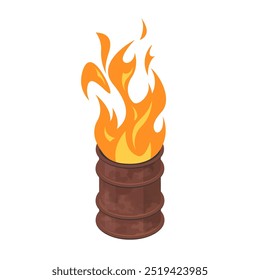 Dispara en un barril. Tambor oxidado ardiente con llamas en vista isométrica. Ilustración vectorial aislada en un fondo blanco en estilo plano.