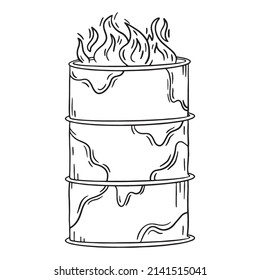 Fire barrel for homeless people vector linear icon in doodle sketch style. Flames in a rusty metal trash can for warming