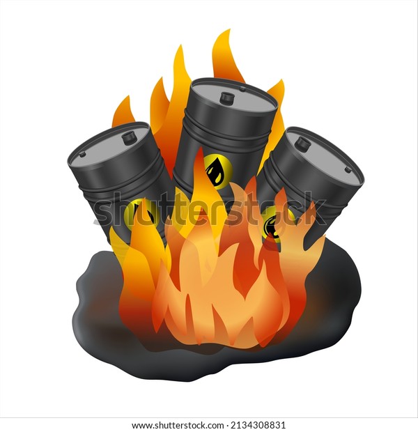 Fire in Barrels Oil Tank. Fire near a\
barrel of gasoline. Flammable substance with a flame nearby.\
Realistic vector\
illustration.