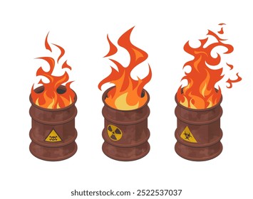 Fire in barrels. Set of burning rusty drums with dangerous waste in isometric view. Vector illustration isolated on a white background in flat style.