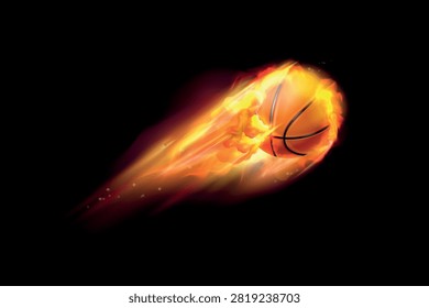 Fire basketball. 3d realistic fireball, flying flaming basket ball orang hot balls sport player fire throw play speed motion effect dark background vector illustration