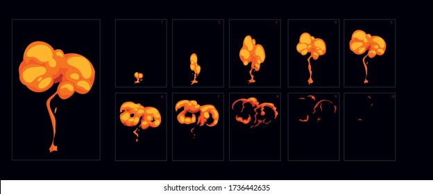 Fire Bbrst explosion animation . Sprite sheet of fire animation for games, cartoon or animation. Ready to frame by frame firework animation. – Vector