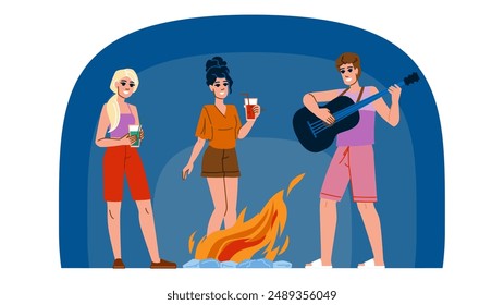 fire beach bonfire party  vector.  night campfire, summer friends, family group fire beach bonfire party character. people flat cartoon illustration