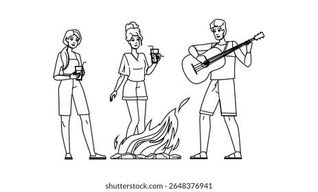 fogo praia bonfire party vetor. noite campfire, amigos de verão, grupo familiar fogo praia bonfire party character. pessoas linha preta lápis desenho ilustração