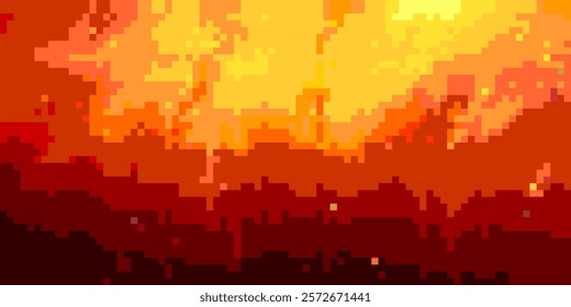 Fire bg with pixel texture in retro 8 bit game style. Gradient background with square pattern of hot lava or arcade video flame.