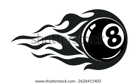 Fire billiard black ball icon. Burning eighth ball for pool. Vector logo design element on transparent background