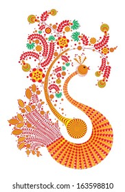 Fire bird with decorative wings and tail patterns isolated on white