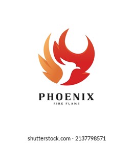 Fire Bird Logo Design, Eagle, Hawk And Wings Vector Illustration With Circle Negative Space Concept