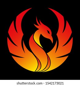 Fire Bird Phoenix logo with circle shape of wings in red and orange gradient isolated on black background.