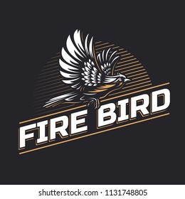 Fire Bird silhouette logo template on black background - Hand drawn outline flying phoenix or hawk with spread wings vector illustration. Gold and white vintage emblem design. Perfect for t-shirts