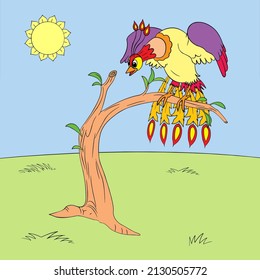 fire bird sits on a branch of a dry tree and looks down, Vector illustration, cartoon