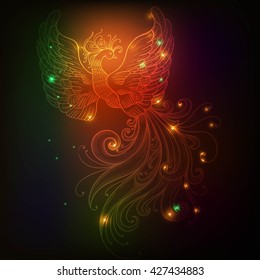 Fire bird with stars vector clip-art Glow neon colors