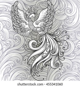 Fire bird vector clipart. Black contour on a white background. Boho chic, coloring page, zentangle art New Year fire cock. Hohloma style