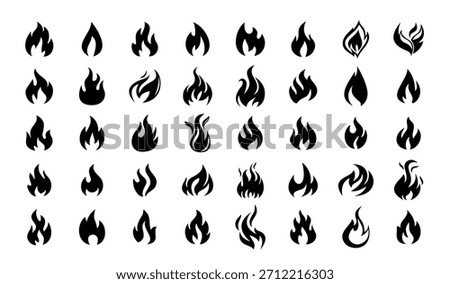Fire black icons set. Firework, bonfire, flare and flame. Glowing sparkles and ignition. Graphic elements for website. Outline vector collection isolated on white background