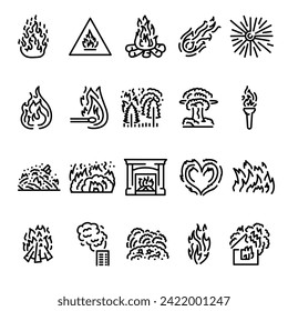 Iconos de la línea negra de fuego. Pictogramas para página web, aplicación móvil, promoción.