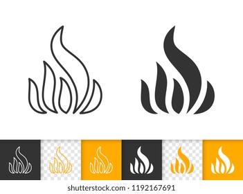 Fire black linear and silhouette icons. Thin line sign of bonfire. Flame outline pictogram isolated on white color, transparent background. Candle blaze vector Icon shape. Flare simple symbol closeup