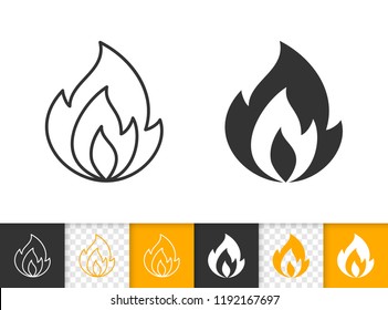 Fire black linear and silhouette icons. Thin line sign of bonfire. Flame outline pictogram isolated on white color, transparent background. Candle blaze vector Icon shape. Flare simple symbol closeup