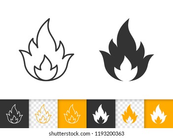 Fire black linear and silhouette icons. Thin line sign of bonfire. Flame outline pictogram isolated on white color, transparent background. Candle blaze vector Icon shape. Flare simple symbol closeup