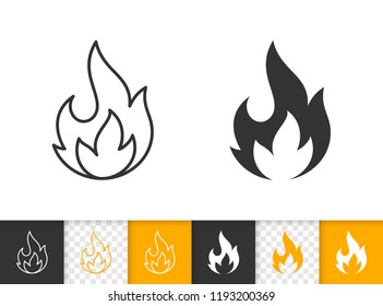 Fire black linear and silhouette icons. Thin line sign of bonfire. Flame outline pictogram isolated on white color, transparent background. Candle blaze vector Icon shape. Flare simple symbol closeup
