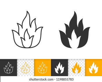 Fire black linear and silhouette icons. Thin line sign of bonfire. Flame outline pictogram isolated on white color, transparent background. Candle blaze vector Icon shape. Flare simple symbol closeup