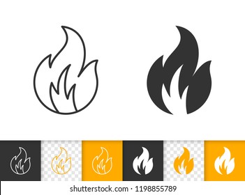 Fire black linear and silhouette icons. Thin line sign of bonfire. Flame outline pictogram isolated on white color, transparent background. Candle blaze vector Icon shape. Flare simple symbol closeup