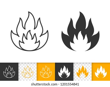 Fire black linear and silhouette icons. Thin line sign of bonfire. Flame outline pictogram isolated on white color, transparent background. Candle blaze vector Icon shape. Flare simple symbol closeup