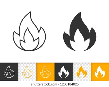 Fire black linear and silhouette icons. Thin line sign of bonfire. Flame outline pictogram isolated on white color, transparent background. Candle blaze vector Icon shape. Flare simple symbol closeup