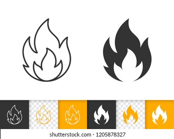 Fire black linear and silhouette icons. Thin line sign of bonfire. Flame outline pictogram isolated on white color, transparent background. Candle blaze vector Icon shape. Flare simple symbol closeup