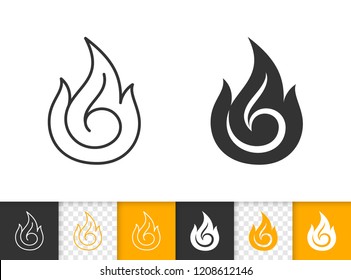 Fire black linear and silhouette icons. Thin line sign of bonfire. Flame outline pictogram isolated on white color, transparent background. Candle blaze vector Icon shape. Flare simple symbol closeup