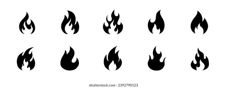 Fire black solid icons. Flame vector silhouette logo.