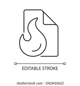 Fire blanket linear icon. Caution with flammable materials. Flames extinguishing. Fire safety. Thin line customizable illustration. Contour symbol. Vector isolated outline drawing. Editable stroke