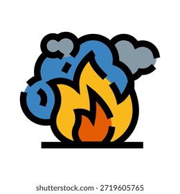 Icono de fuego con llamas naranjas y amarillas que se elevan y nubes de humo gris que se arremolinan, representando peligro, combustión, hoguera, explosión y situaciones de emergencia