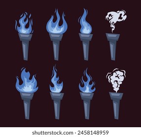 Fire blue burning torch flame icon isolated set. Vector graphic design illustration