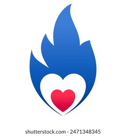Fire blue flame, hot red heart symbol, vector illustration.