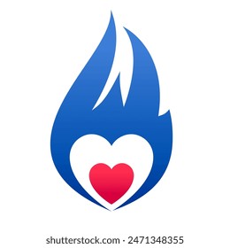 Fire blue flame, hot red heart symbol, vector illustration.