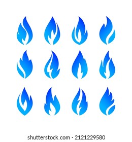 Fire blue flames, set icons, vector illustration