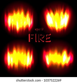 Fire blurred radiance set with text message on dark black background. Burn flame bright backdrop collection