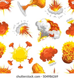 Fire bomb explosion boom effect seamless pattern vector. Weapon explosion background detonation and smoke