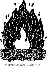 
Fire bonfire. Black vector element, linocut