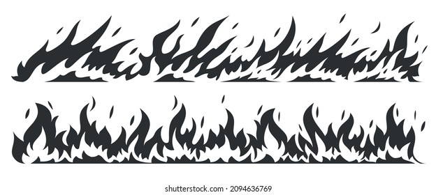 Fire bonfire border flames black silhouette set. Stamp flame energy fiery explosion hot outline warning symbols. Collection sign icon danger ignition object forest fires flammable isolated on white